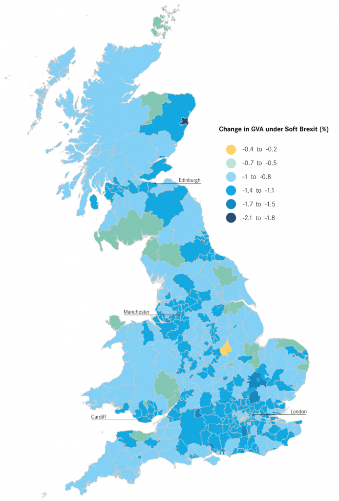 Impact of Brexit for local authorities (% change Gross Value Added) - Soft Brexit