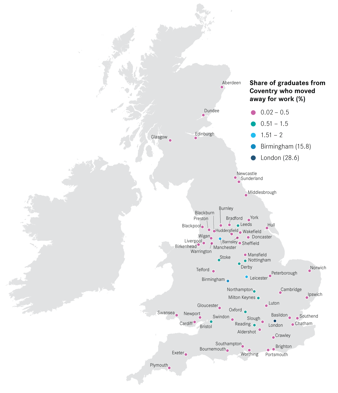 16: Destinations of Coventry’s graduates who move to other cities for work, 2013/14–2014/15