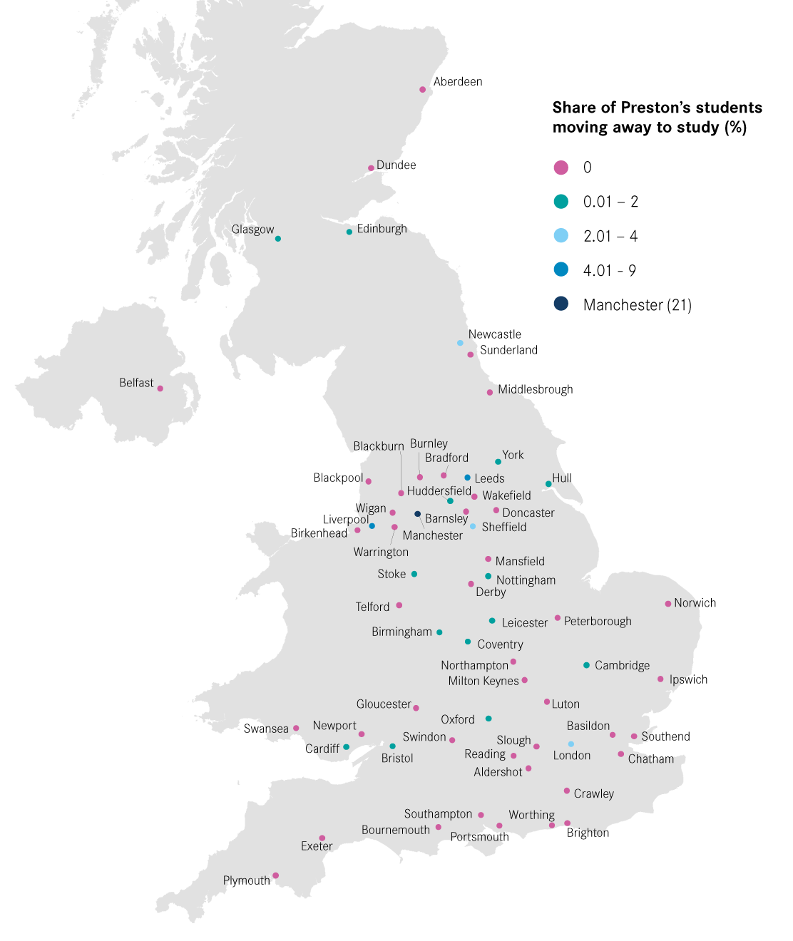 11: UK cities which Preston’s students move to for university, 2014/15