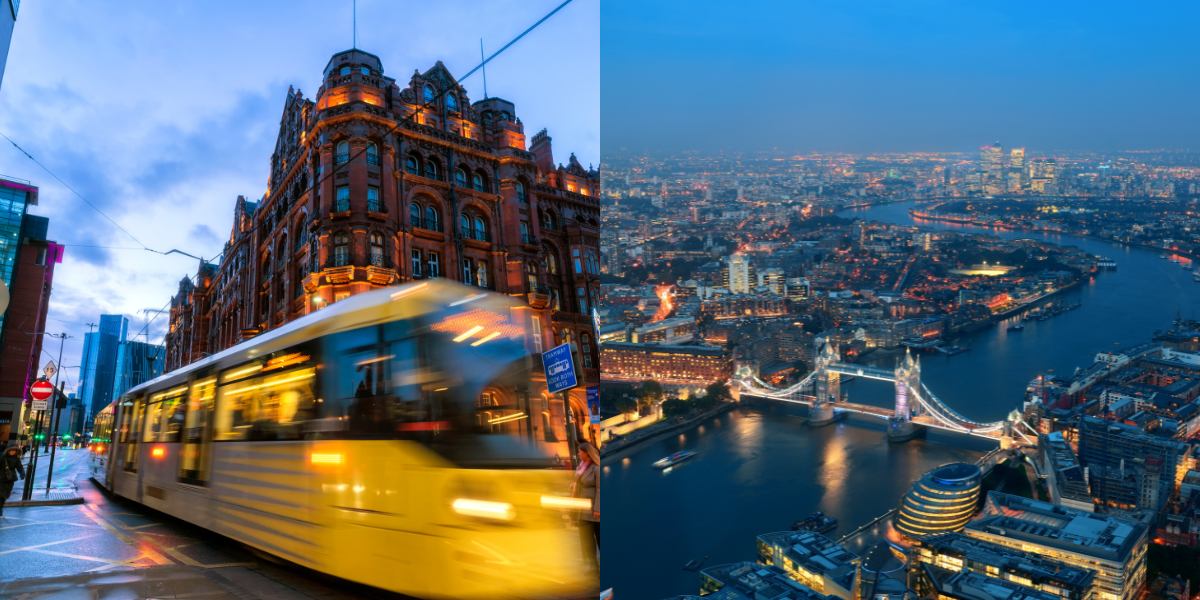Two pictures side by side, one image of Manchester city centre at night with a tram and a birds-eye image of London city centre at night.